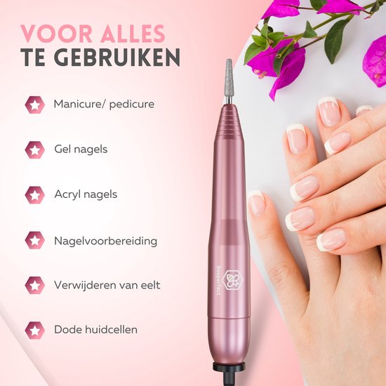 Beeperfect® Lime à ongles électrique - Routeur d'ongles - Ensemble manucure et pédicure - 12 embouts et 60 rouleaux de ponçage - 4 accessoires supplémentaires - Rose