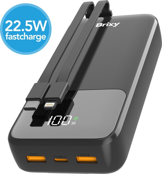 Brixy Powerbank - 20 000 mAh - Chargement rapide 22,5 W - Affichage LED - USB-A/USB-C - Pour iPhone et Samsung, entre autres - Noir