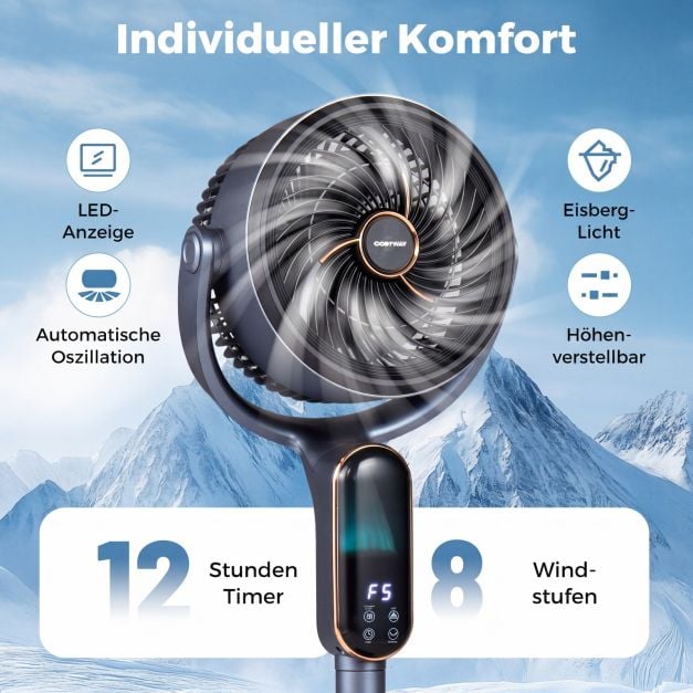 Ventilateur sur pied réglable Coast – 8 vitesses – 54-96 cm – Gris