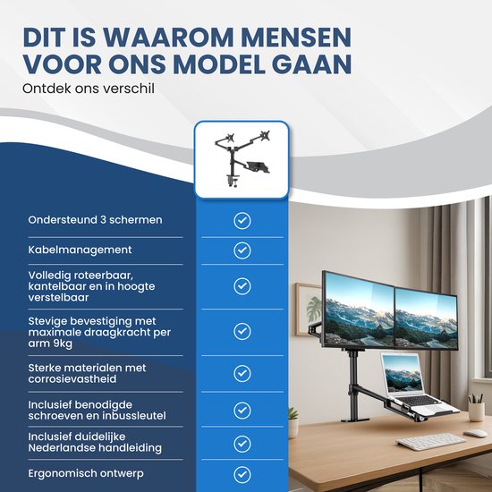 TTD® Bras pour moniteur 2 écrans et ordinateur portable - Bras pour moniteur 3 écrans - Bras pour moniteur 2 écrans et 1 ordinateur portable - Entièrement rotatif et réglable en hauteur - 9 kg par bras - Support pour moniteur - Noir - Aluminium - Support