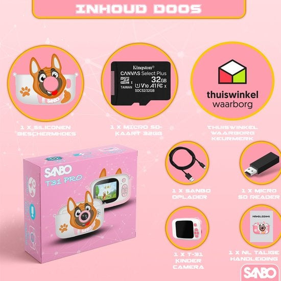 Sanbo Kindercamera - Nederlandstalig - Selfiecamera - Incl. 32Gb Sd-Kaart en Reader – Fototoestel Kinderen – Vloggen - Speelcamera - Digitaal