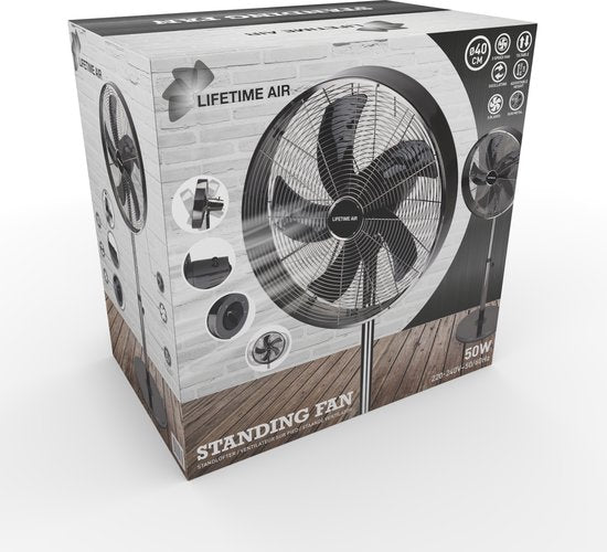 Ventilateur sur pied - Lifetime Air- 230V - Hauteur 85-125 CM - 3 Vitesses - Fonction oscillante - Inclinable - Argent
