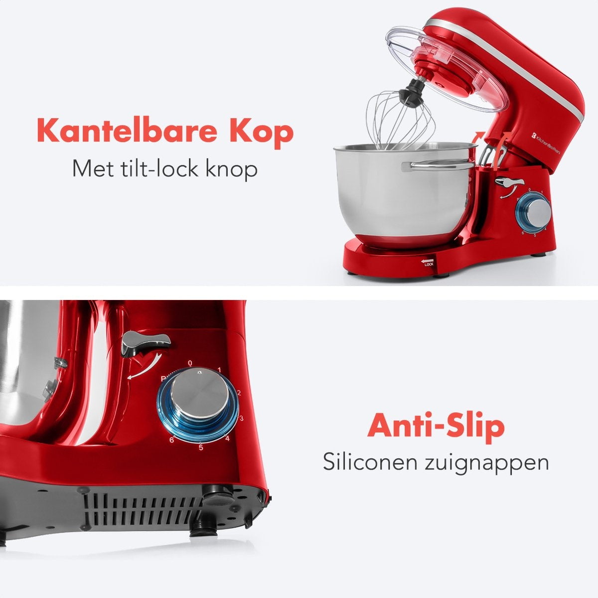Robot de cuisine - KitchenBrothers - Mixeur de cuisine avec bol de 6L - Acier inoxydable - 1400W - Rouge