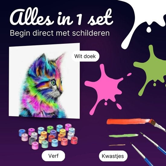 Rubye® Painting By Number Adults - Chat coloré - Peinture et pinceaux inclus - Canvas Painting canvas - Colour by Number - 40x50cm