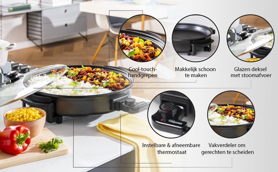 Tristar Casserole PZ-2964 - Casserole électrique avec couvercle 40 cm - Casserole XXL - Revêtement antiadhésif et thermostat réglable - Température maximale 280⁰ C - Noir
