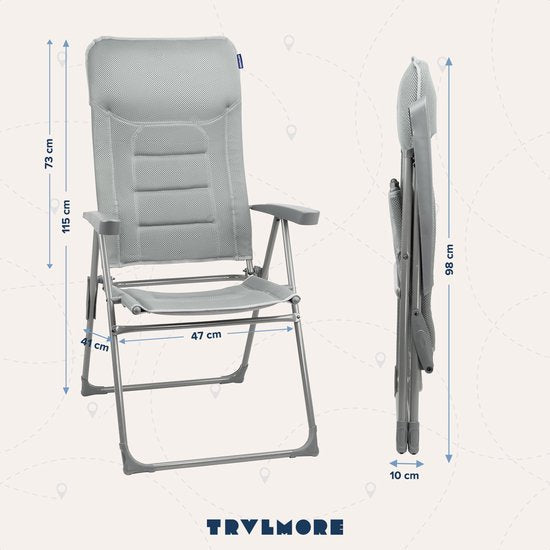 TRVLMORE Chaise de camping - 7 positions - Chaise de camping confortable - Capacité de charge de 120 kg - Position allongée - Chaise pliante - Chaise pliante - Gris