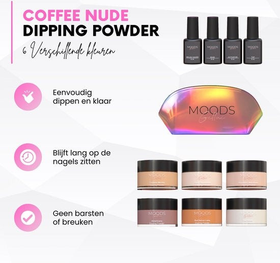Moods Gellac - Kit de démarrage de poudre à tremper - Coffee Nude - 6 couleurs - Pack de démarrage d'ongles acryliques - Ongles à tremper