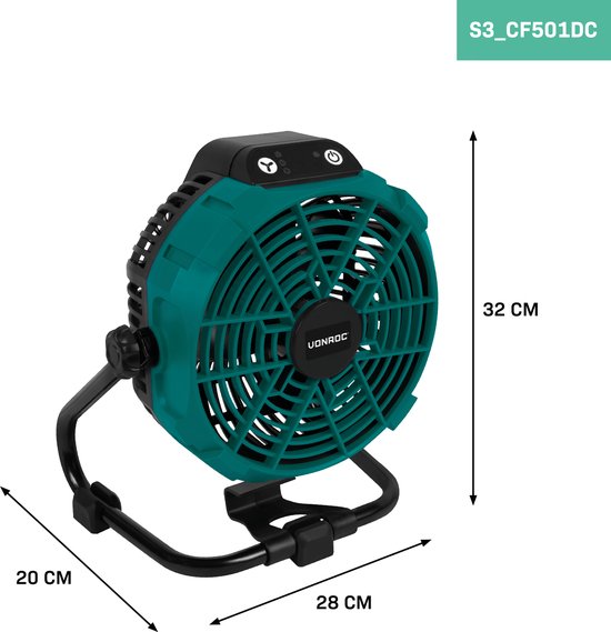 Ventilateur VONROC 20V - pour utilisation avec ou sans fil - Adaptateur secteur inclus - Batterie 20V - 4.0Ah et chargeur rapide inclus