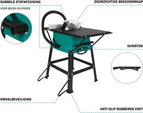 VONROC Table de sciage 2000W - Ø250mm - Grande surface de travail - Angle de sciage réglable de 0° à 45° - Avec technologie soft-start - Lame de scie 60T et support inclus