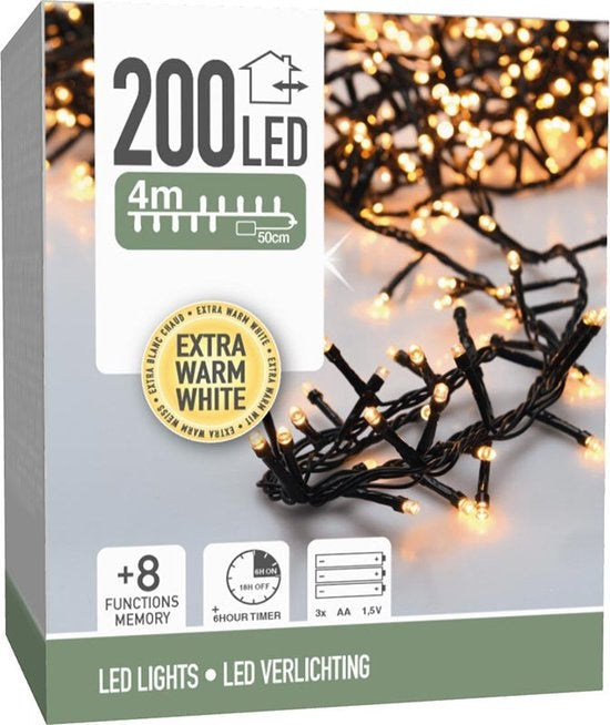 Micro Cluster 200 led - 4m - extra warm white - Batterie - Fonctions d'éclairage - Mémoire - Minuterie