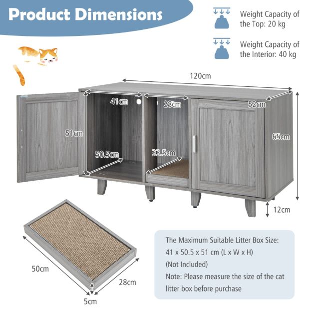 Armoire à chat Coast - 3-en-1 - MDF - Max. 40kg - 120 x 52 x 65 cm - Gris