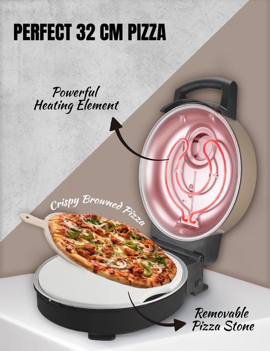 Bestron Turbo Pizza oven pour une pizza en 5-10 minutes, four à pizza électrique avec une température maximale réelle de 320°C, comprend une pierre à pizza et 2 grandes spatules en bois, Satin Collection, couleur : Beige