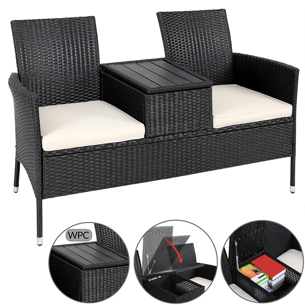 Banc de jardin Casaria Polyrattan - 2 places, table et coussins inclus - Noir