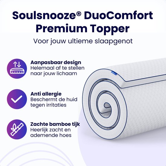 SoulSnooze® - DuoComfort Premium Topper - 160 x 200 x 7 cm & Design double face - Equipé d'une housse en bambou et d'une couche antidérapante - Pour le soutien du dos et le soulagement de la pression - Mousse à mémoire de forme blanche et mousse hybride