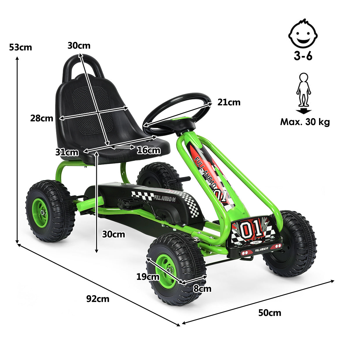 Coast Pedal Go Kart avec siège réglable 4 roues Voiture à pédales 92 x 50 x 53 cm vert + noir