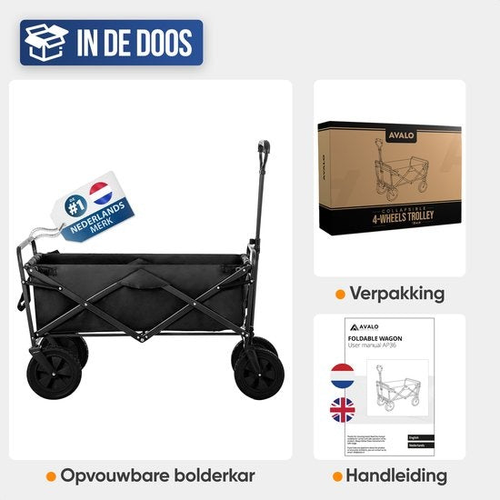 Avalo Bolderkar XL - Pliable - Jusqu'à 110KG - 91x51x59 CM - 120L - 360ยบ Roues - Noir