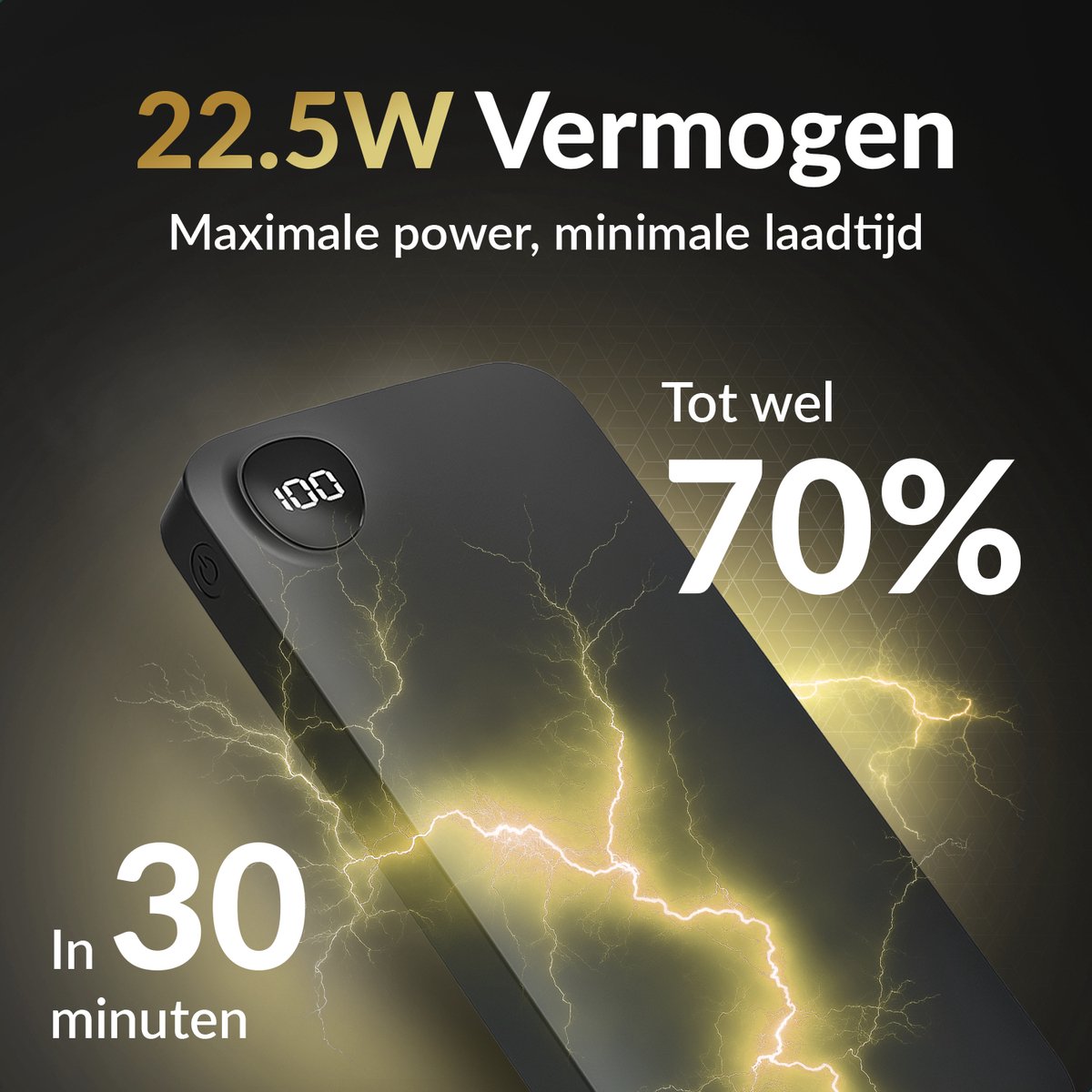 Surge Powerbank 20 000mAh - Chargeur rapide 22,5W - 2x USB-C & 1x USB-A - Affichage LED - Noir - 14,5 x 6,8 x 2,9 cm