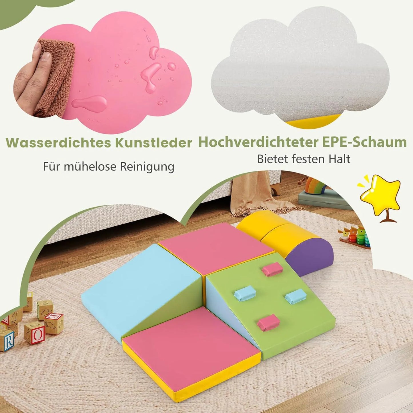 Ensemble de jeu d'escalade Coast en mousse – Doté de fermetures velcro et de coutures soignées, avec des blocs d'escalade faciles à saisir – Pour les salles de jeux et les crèches – Cuir coloré et mousse EPE