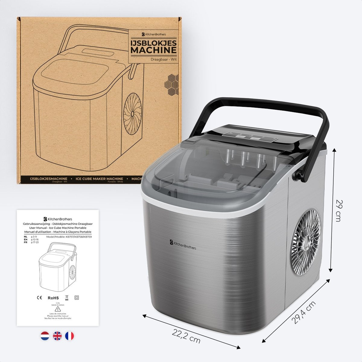 Machine à glaçons - KitchenBrothers - 1.2L - réglable sur deux tailles- acier inoxydable