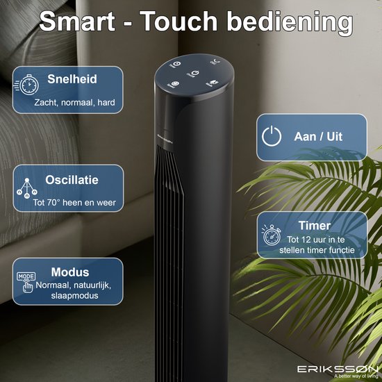 Ventilateur de tour Erikssøn - Silent Comfort Series - Ventilateur sur pied avec télécommande - Minuterie - 3 vitesses - 55W - 39 dB - 106cm - Efficace sur le plan énergétique - Ventilateur de refroidissement pour la pièce - Noir