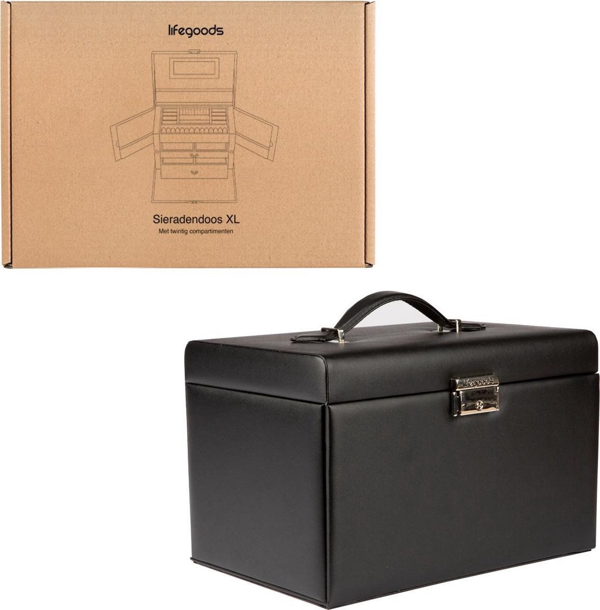 LifeGoods Boîte à bijoux XL - Boîte à bijoux - 20 compartiments - Noir/Beige