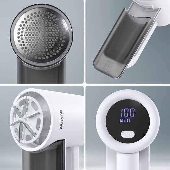 Auronic Electric Lint Remover Pro - Tondeuse à peluches - Autonomie 120 minutes - Rechargeable - Affichage LED - Défoliateur - Blanc