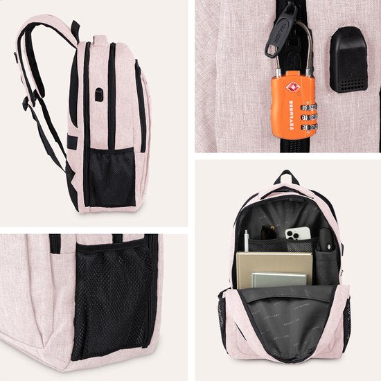 TRVLMORE Sac à dos - 36L - 17.3 Inch - Sac à dos pour ordinateur portable avec USB - Cartable - Homme et Femme - Sac -Vieille - Rose