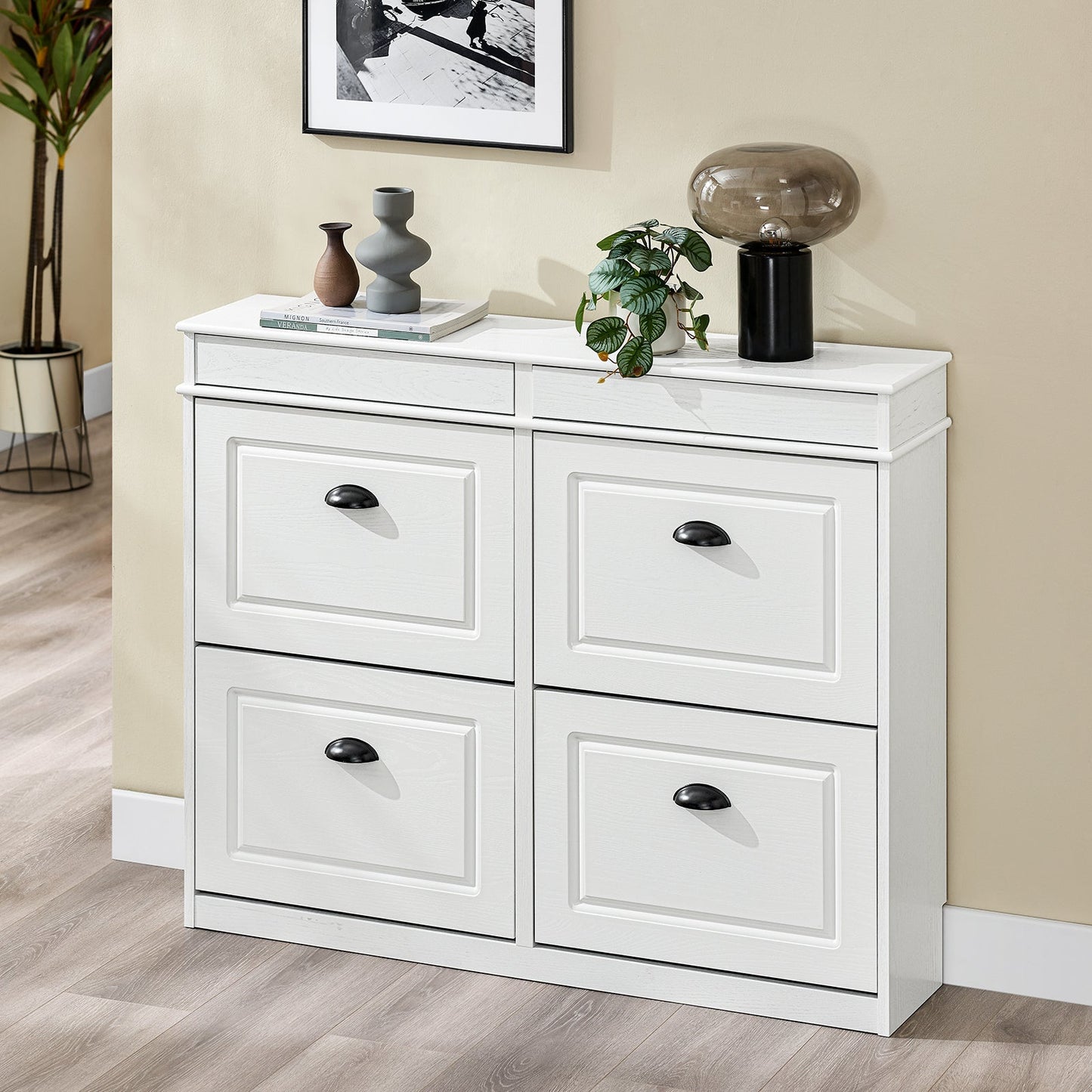 SoBuy Armoire à chaussures FSR79-WG - 4 volets - 103 x 23 x 82 cm - Blanc avec effet bois antique - Support pour 16 paires de chaussures