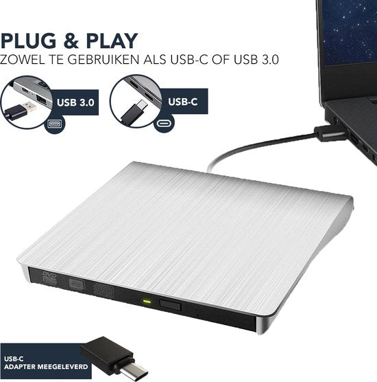 Achaté Externe CD/DVD Speler en Brander - USB 3.0 of USB C - Incl. Hoes + Kabel