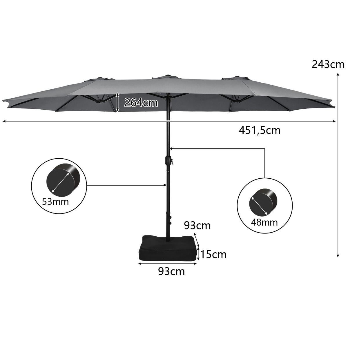 Parasol double Coast avec pied - surface d'ombrage extra-large - socle métallique robuste - gris 451,5 x 264 cm