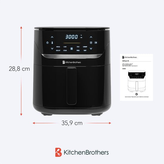 KitchenBrothers Airfryer XL - 5L - 1500W - Friteuse à air chaud - 80ºC à 200ºC - 8 Programmes de cuisson - Noir