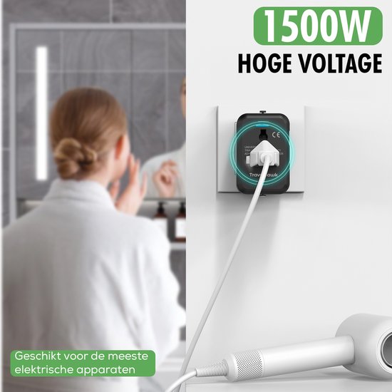 TravelHawk Universal World Plug avec USB-C et port USB - Prise de voyage - Prise de voyage internationale pour 150+ pays - Amérique (USA) - Angleterre (UK) - Australie - Asie - Amérique du Sud - Afrique - Prises mondiales - Noir