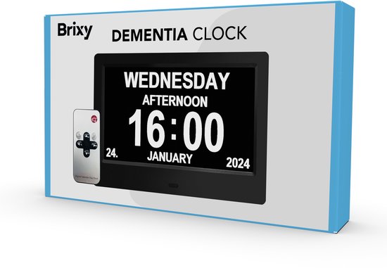 Horloge Brixy pour personnes atteintes de démence XXL - 24 fonctions d'alarme - Télécommande incluse - Fonction de gradation automatique - Horloge-calendrier - Noir