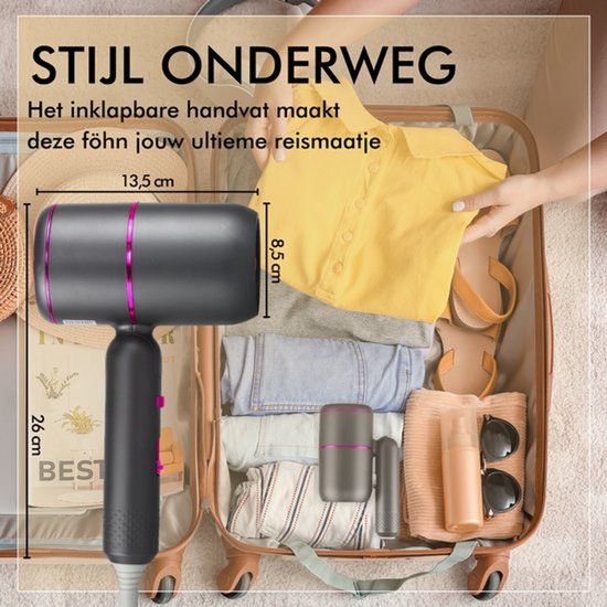 BAESS Sèche-cheveux avec diffuseur - Sèche-cheveux de voyage pliable - Sèche-cheveux ionique - 2000W - Coolshot - Boucles - Sèche-cheveux - Sèche-cheveux - Gris