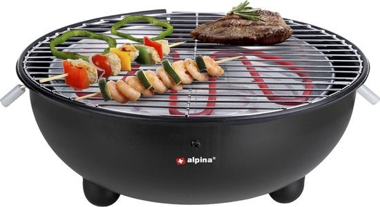 Barbecue Électrique - Alpina - Barbecue de Table - Sans Fumée - Barbecue Intérieur - 1250W - Ø 30 cm - Noir