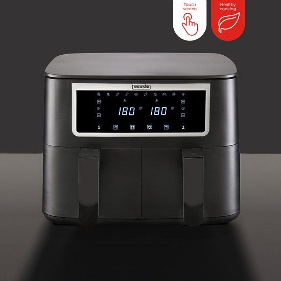 Friteuse à air chaud Bourgini Duo 2 x 4,0 L - Sans PFAS - Airfryer XXL - 2 tiroirs avec fonction de synchronisation - Écran tactile - 8 L - 2 600 W - Noir