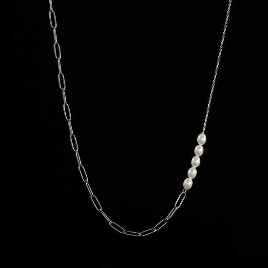 Laura Ferini Ladies Necklace Perla Silver - Chaîne à maillons asymétriques en argent avec perles - plaqué or blanc 18K - Collier - Collier - Bijoux - Accessoires - Collier pour dames avec perles