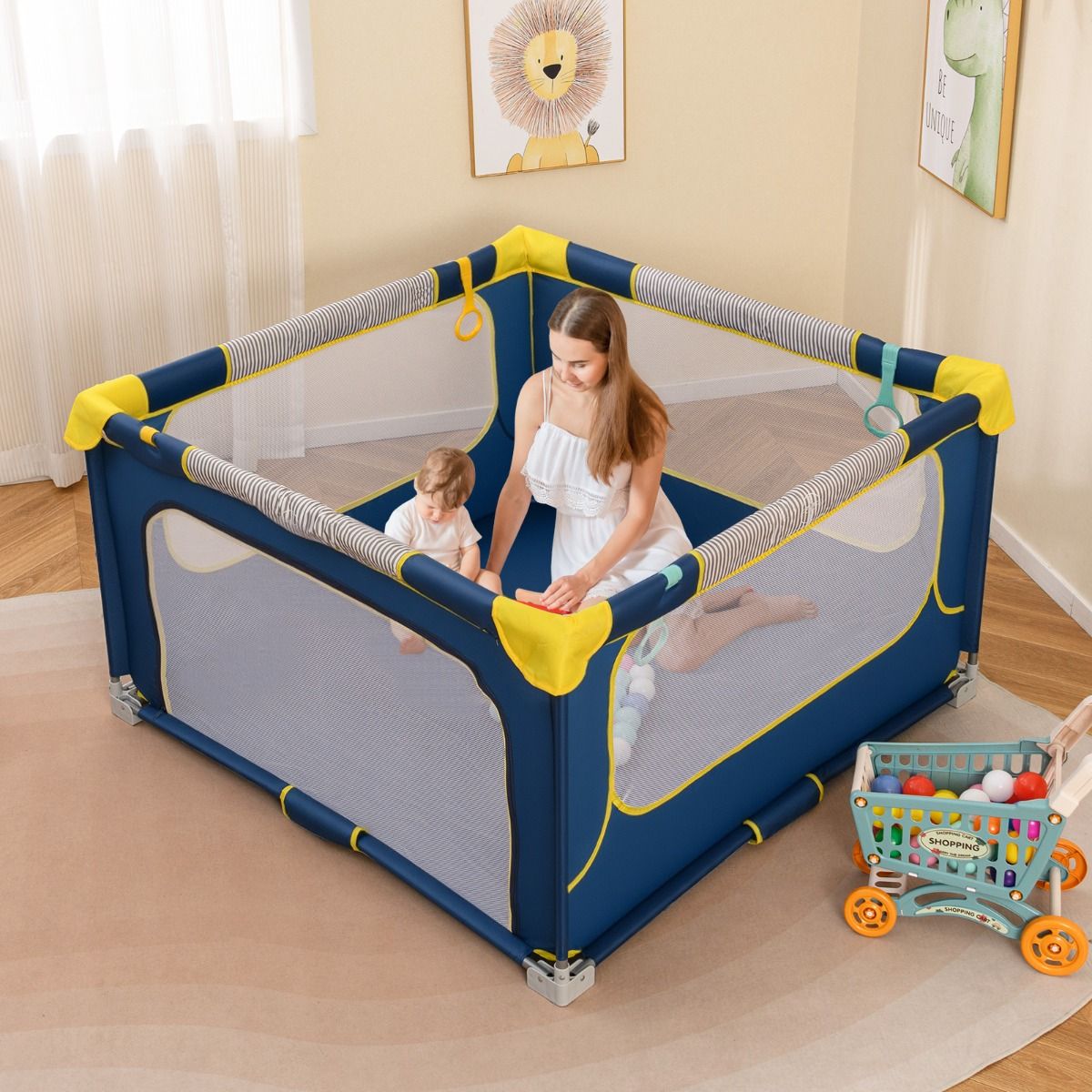 Parc pliable pour bébé Coast 127 x 127 x 72,5 cm - 50 balles et 4 anneaux à tirer - Porte à fermeture éclair - Bleu