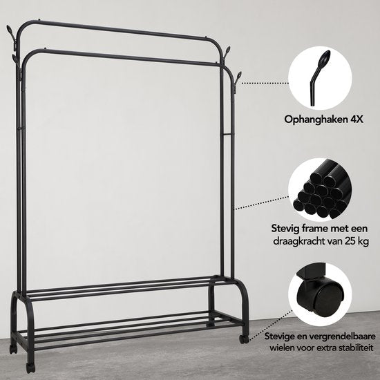 Brixy Rack à vêtements - Rack à vêtements double - Rack à penderies sur roulettes - Rack à vêtements avec porte-chaussures - 98 x 34 x 159 cm - Noir