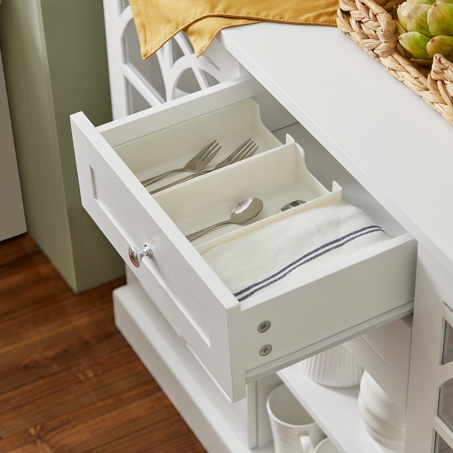 SoBuy FSB79-W Sideboard - Meuble de cuisine blanc avec tiroirs et portes en verre