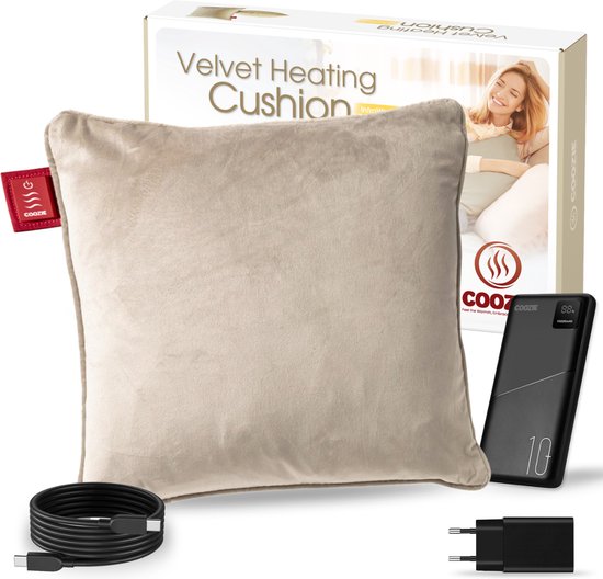 Coozie Heat Pillow Beige Velvet - Rechargeable électriquement - Oreiller chauffant sans fil - 45 x 45 cm
