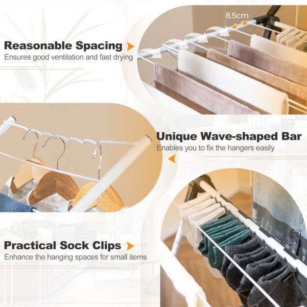 Porte-vêtements pliable avec 2 niveaux Ailes réglables en hauteur 33 rails de séchage et pinces à chaussettes Porte-vêtements autoportant pour l'intérieur et l'extérieur