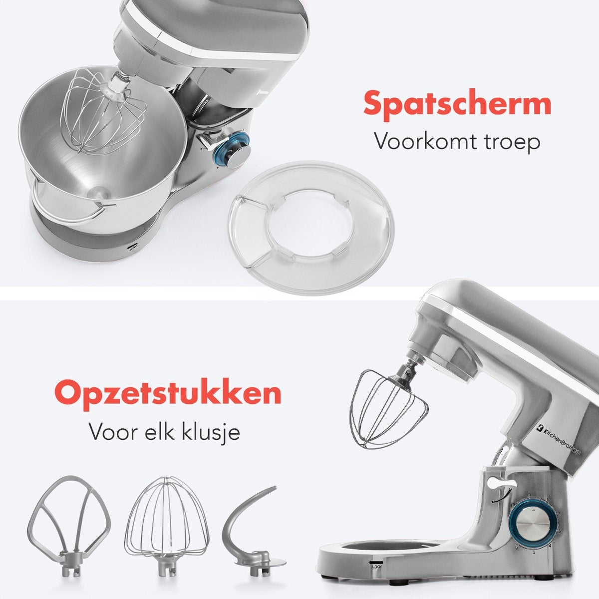 Robot de cuisine - KitchenBrothers - Robot de cuisine avec bol de 6L en acier inoxydable - avec bol de 6L - acier inoxydable - 1400W - Silver