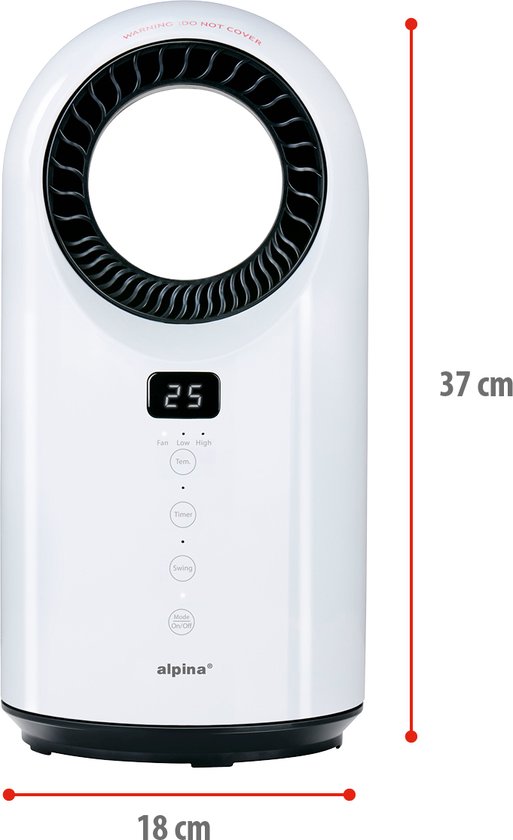 alpina Radiateur électrique et ventilateur 1500W - Radiateur céramique avec minuterie et télécommande - Radiateur oscillant avec fonction de refroidissement et de chauffage - 18 x 18 x 37cm