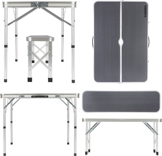 Table de camping Casaria Aluminium - Incl. 2 bancs/pliables - Gris
