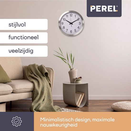 Horloge murale Perel 40 cm, analogique, avec synchronisation automatique de l'heure par DCF, grand cadran très lisible, cadre en aluminium argenté, salon, cuisine, bureau, salle d'attente