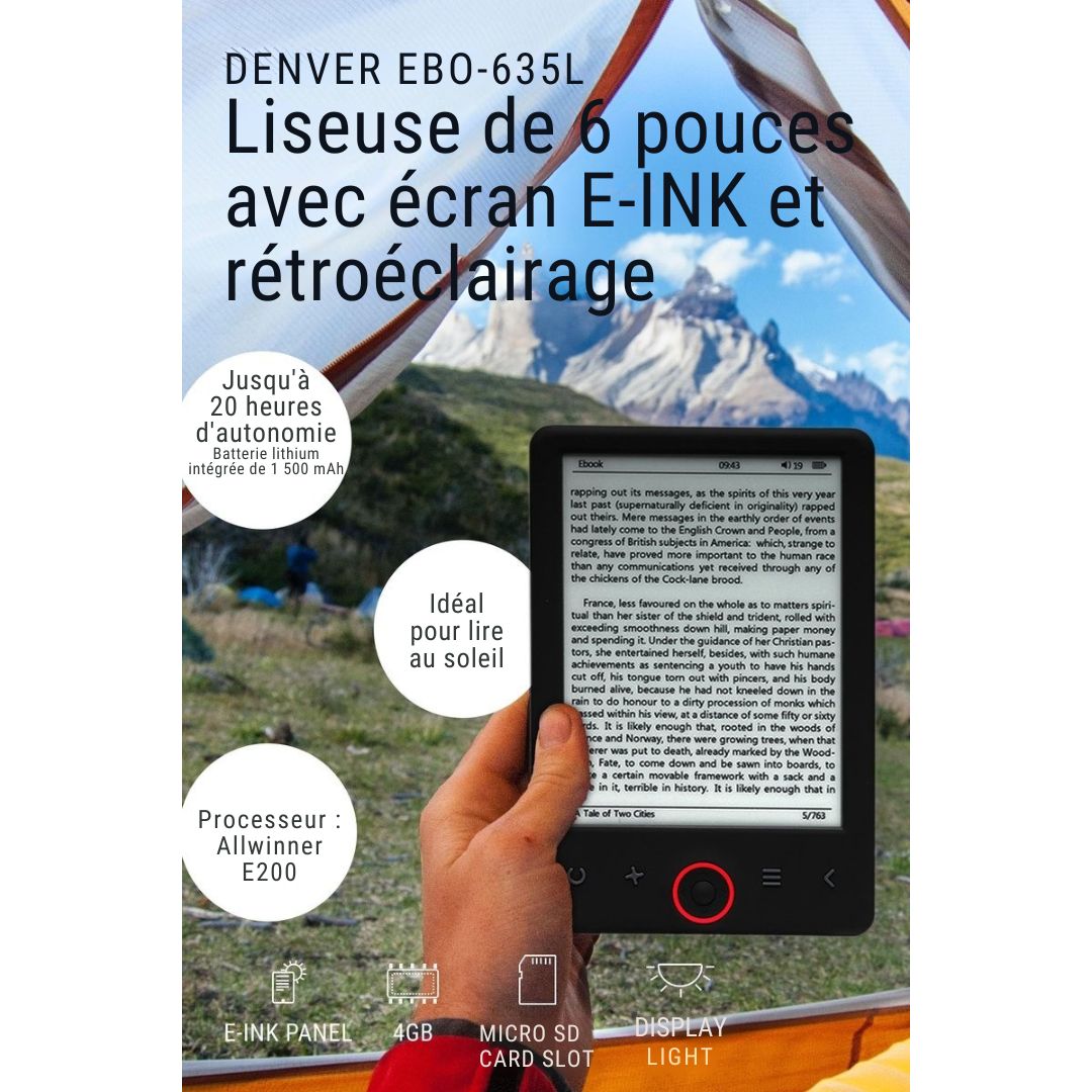 Liseuse Denver - écran 6 pouces - 4GB - MicroSD - 20h d'autonomie - noir