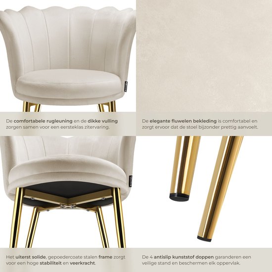 tectake® Fauteuil Stella - Fauteuil baquet avec accoudoirs – Chaise de salle à manger confortable – Chaise de cuisine – Rembourrage épais – Pour le salon et la salle à manger – Avec revêtement en velours - crème/or