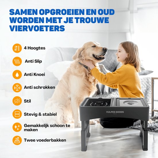Vulpes Goods® Pets - Bol à nourriture pour chien avec support - Bol à boire pour chien anti-éclaboussures - Bol anti-mâchouillement pour chien - Bol à nourriture surélevé - 4 hauteurs - Mangeur lent - Double - Noir