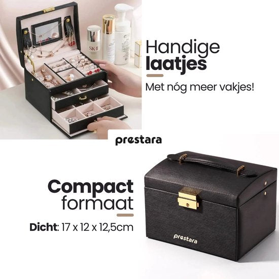 Ceruzo Boîte à bijoux avec miroir -Boîte à bijoux- Noir-Cuir PU-3 couches-Dimensions compactes-17.5 x 14 x 13 cm-Boîte à beauté